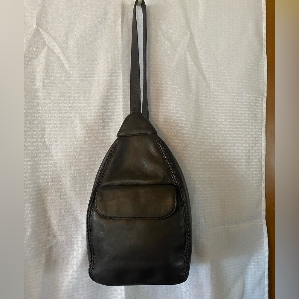 Dark Brown Faux Leather Sling Backpack Unisex Small 13 1/2” H x 8” W x 4” Width